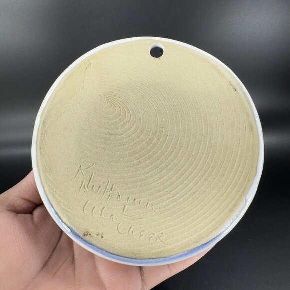 Hand Crafted Stoneware Pottery Wall Pocket Vase Blue Heart Shaped Vessel Decor - Picture 8 of 16